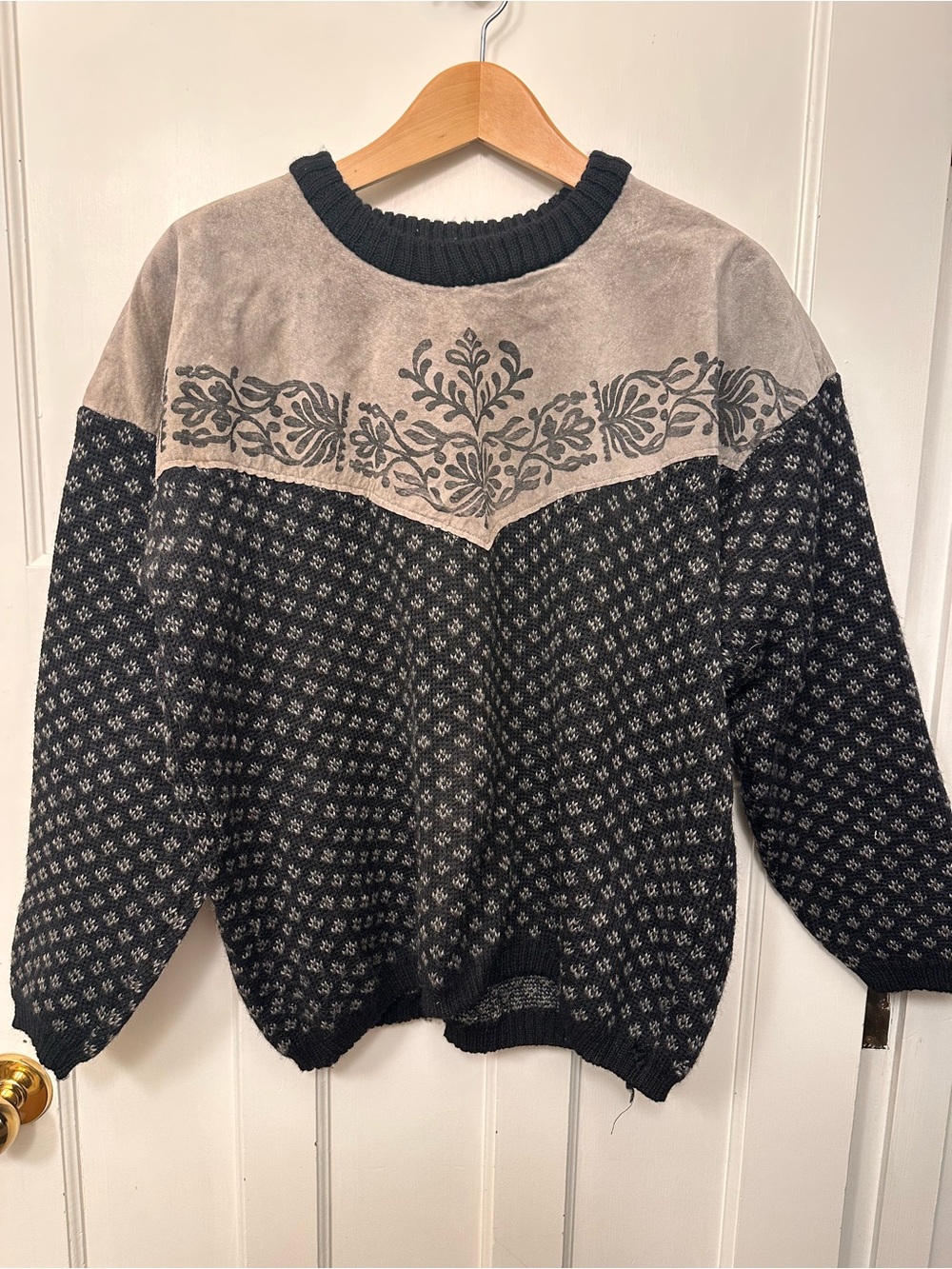 Vintage Lambswool and Hand Stamped Suede Made in Norway Sweater
